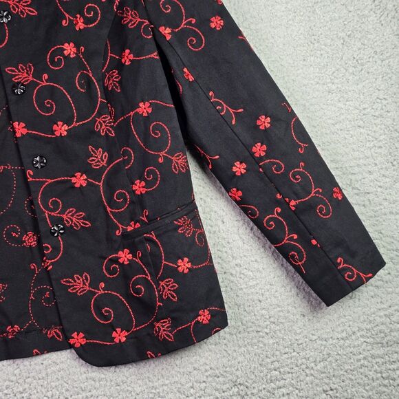 Christine Phillipe Womens Blazer 8 Black Red Floral Embroidered Cotton Pockets - Picture 13 of 15
